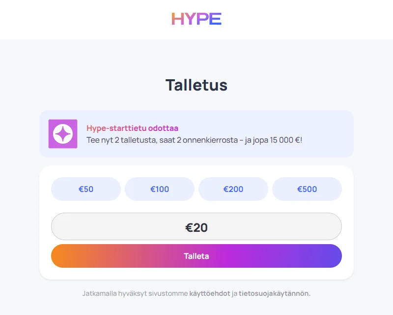 Hype casino – Talletus-sivu tilin avaamiseen